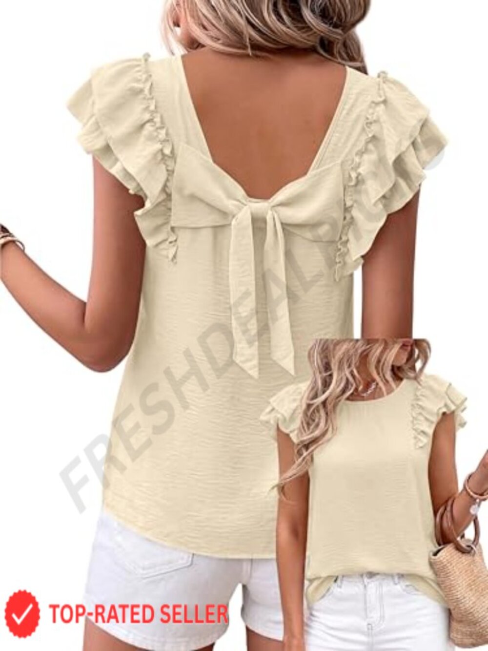 Womens Ruffle Short Sleeve Bow Tie Back Blouse Chiffon Summer Top